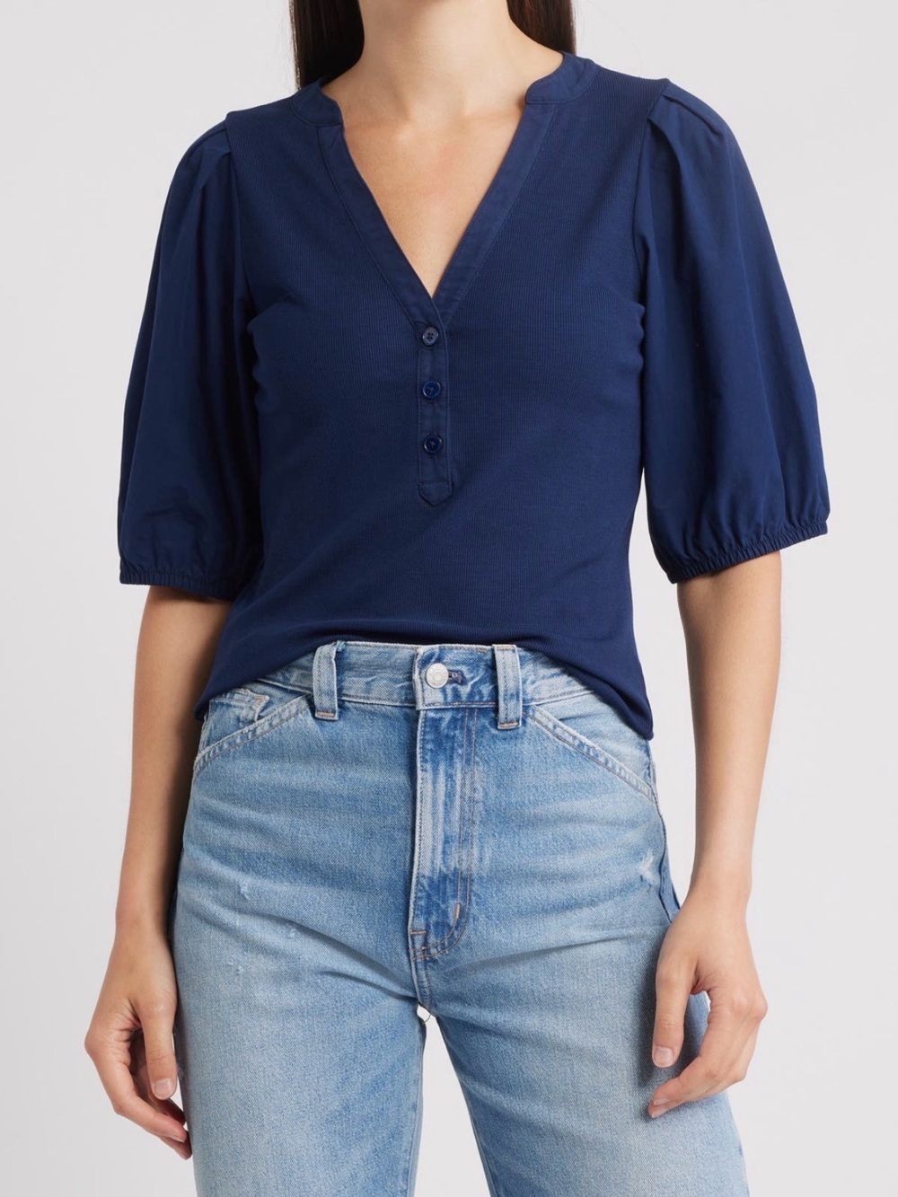 Madewell Puff Sleeve Henley Knit Top Blue Modal Blend Size XL NWT - Picture 12 of 12